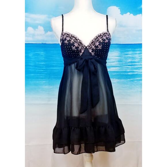 INNER SECRETS Womans BLACK Sheer Babydoll Built in Bra Adjustable fit size Lg - Picture 4 of 9